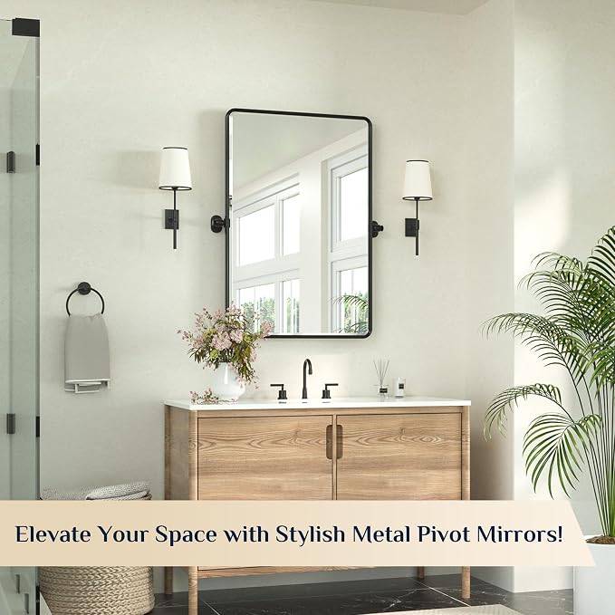 Keonjinn 24x36 Inch Black Povit Mirror for Bathroom, Tilt Mirror | Tenmpered Glass, Rectangle, Adjustable Bathroom Mirrors for Over Sink, Farmhouse, Metal Framed, Horizontal/Vertical
