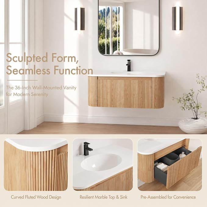 36 Inch Wall Mounted Bathroom Vanity with Ceramic Sink, Pre-Assembled Floating Vanity Cabinet with Marble Countertop, Wave Texture Finish & Drawer, Wood