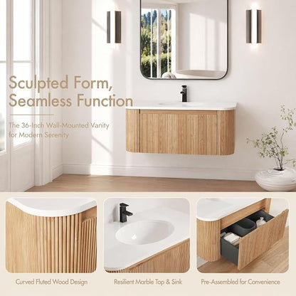 36 Inch Wall Mounted Bathroom Vanity with Ceramic Sink, Pre-Assembled Floating Vanity Cabinet with Marble Countertop, Wave Texture Finish & Drawer, Wood