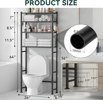 GloTika 4-Tier Over The Toilet Storage Shelves, Black | 200lb Total Capacity, Metal Bathroom Organizer with 36" Clearance, Includes Paper Holder & 4 Hooks, Suit for Small Space