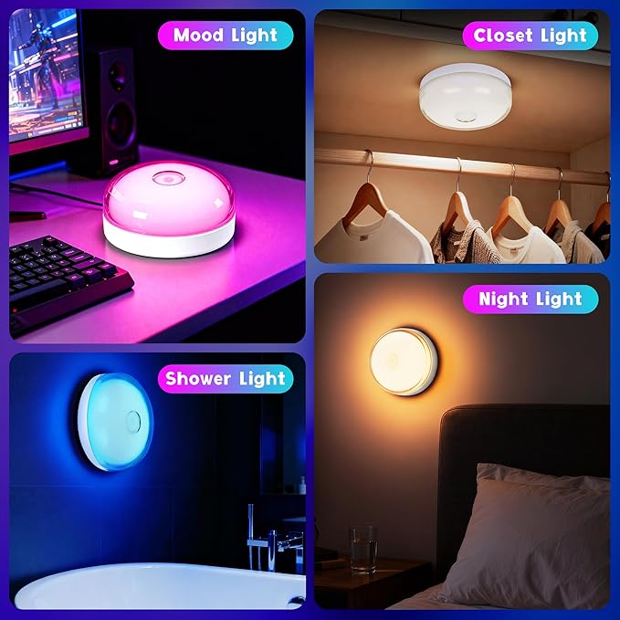 Rechargeable Shower Light for Inside Shower, 15 Color Changing Waterproof Shower Light with Remote Dimmable Timer, Wireless LED Mood Lighting for Shower Bathroom Closet Bedroom,Livingroom,4 Pack