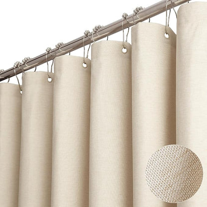 BTTN Long Fabric Shower Curtain - 72x80 Inch Linen Textured Heavy Duty Polyester Cloth Shower Curtain Set with 12 Plastic Hook, Hotel Luxury Waterproof Modern Shower Curtains for Bathroom, Beige/Cream
