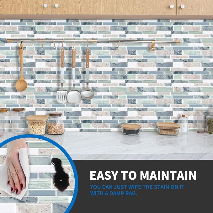 10-Sheet Peel and Stick Kitchen Backsplash Tiles | 3D Waterproof Self Adhesive Wall Tile Stick on Backsplash for Kitchen and Bathroom(Sage Green,12"×12")