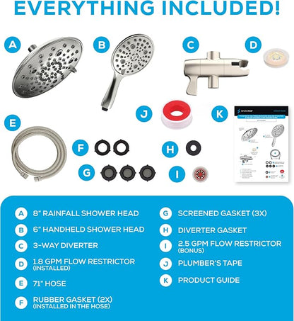 SparkPod Dual Shower Head - 8'' High Pressure 55-Mode Rain Shower Heads with Handheld Spray Combo - Rainfall, Handheld & Dual Mode - Easy Install 3-Way Showerhead with Hose & Holder (Brushed Nickel)