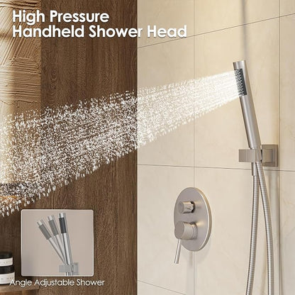 Gabrylly Shower System, 10" Wall Mounted Shower Faucet Set, Brushed Nickel | Rain Shower Head with Handheld Spray Combo, All Metal Rainfall Shower Head Complete Set Shower Mixer Valve for Bathroom