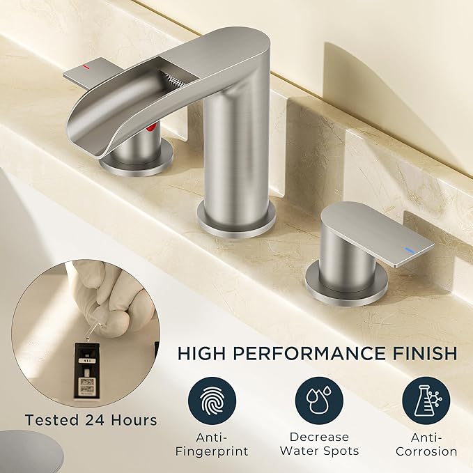 FORIOUS Bathroom Faucets 3 Hole, Waterfall Bathroom Sink Faucet with Pop-Up Drain & Water Supply, Brushed Nickel 8 Inch Widespread for Restroom, Vanity, Commercial Lavatory