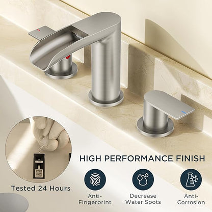 FORIOUS Bathroom Faucets 3 Hole, Waterfall Bathroom Sink Faucet with Pop-Up Drain & Water Supply, Brushed Nickel 8 Inch Widespread for Restroom, Vanity, Commercial Lavatory