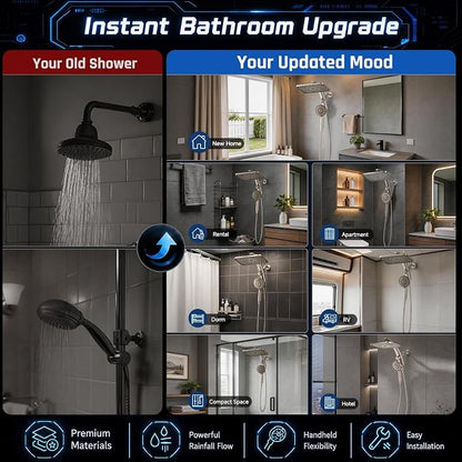 Veken 12" Rain Shower Head with Handheld,High Pressure Power Wash,Magnetic | Starlight,Dual Shower Heads Combo,8-Mode Hand Held Spray with Hose,Double Detachable Rainfall Showerhead,Bathroom Accessories