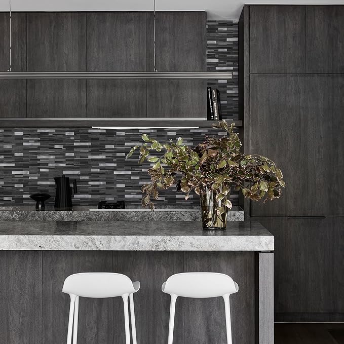 STICKGOO Peel and Stick Backsplash Tile, Stick on Backsplash for Kitchen and Bathroom, Black Grey Wood Look PVC Mixed Metal Silver Self Adhesive Wall Tiles(10 Sheets)