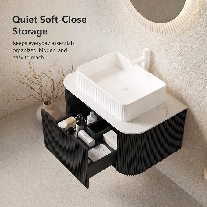 30 Inch Bathroom Vanity with Sink, Floating Wall Mounted Single Sink Vanity, Black Curved Fluted Front, Stone Top, White Textured Rectangular Vessel Basin, Pre-Assembled