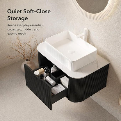 30 Inch Bathroom Vanity with Sink, Floating Wall Mounted Single Sink Vanity, Black Curved Fluted Front, Stone Top, White Textured Rectangular Vessel Basin, Pre-Assembled