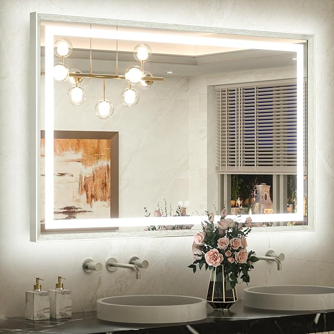48 x 32 Bathroom LED Mirror Silver Metal Frame Frontlit & Backlit Vanity Mirror Stepless Dimmable Anti-Fog 3 Colors White/Warm/Natural Light up Vanity Mirror