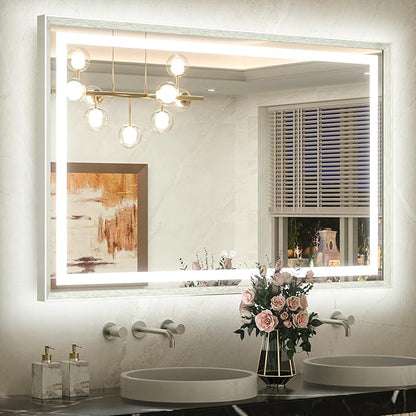 48 x 32 Bathroom LED Mirror Silver Metal Frame Frontlit & Backlit Vanity Mirror Stepless Dimmable Anti-Fog 3 Colors White/Warm/Natural Light up Vanity Mirror
