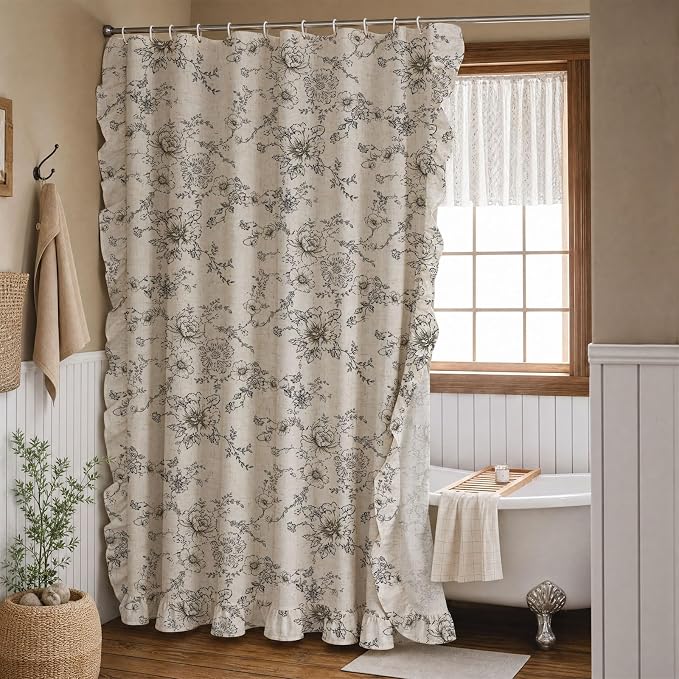Farmhouse Floral Ruffle Shower Curtain for Bathroom | Vintage Black Linen Pattern Shower Curtains, Tan Taupe,72Wx72H
