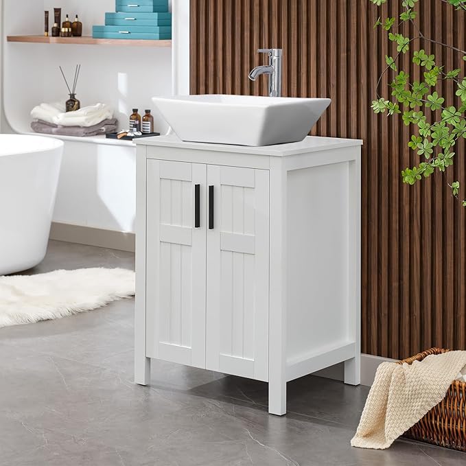UEV White 24" Bathroom Vanity with Sink Combo,Modern Vanity with Vessel Sink,Stylish Bathroom Vanity Cabinet,Grooved Doors & Metal Handles,Modern White Square Bowl Ceramic Vessel Sink(A07)