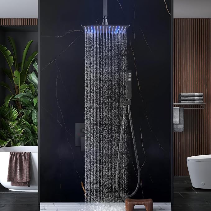 Aolemi Ceiling Shower Faucet Set with Handheld 10" LED Head Matte Black | Handheld Spray,10 Inch Rain LED Head,Shower Valve and Trim Kit,All Metal,Ceiling System,Bathroom Mixer