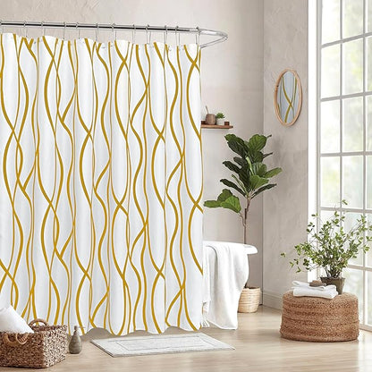 Fabric Modern Shower Curtain-Gold and White Shower Curtains for Bathroom | 72"W x 72"L Textured Faux Linen Luxury Hotel Quality Washable-Abstract Wavy Cloth Bath Curtain-Apartment Minimalist Decor