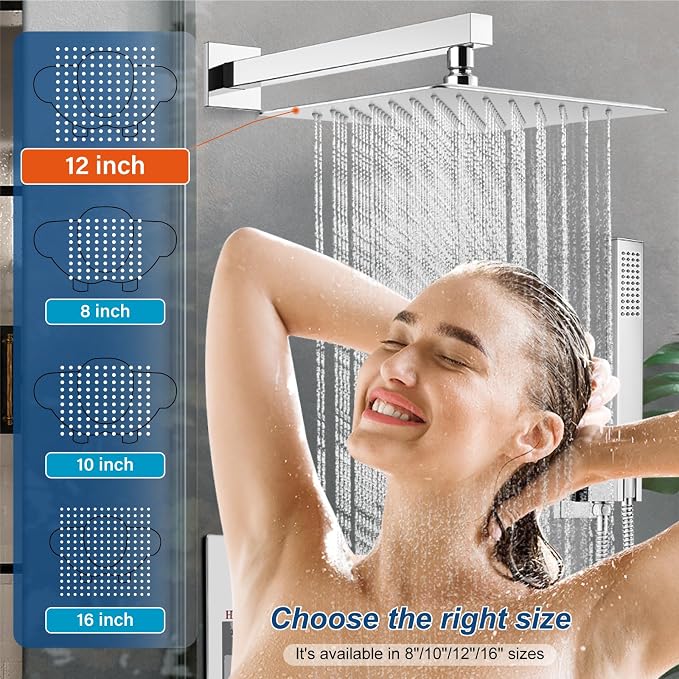 Midanya Shower System with Tub Spout,12 Inch Shower Head,Polish Chrome | with Valve & Trim Kit,Square Rain Head,Handheld Sprayer,Waterfall Spout,All Metal Wall Mount Bathroom Shower Tub Faucet Set