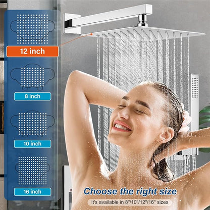 Midanya Shower System with Tub Spout,12 Inch Shower Head,Polish Chrome | with Valve & Trim Kit,Square Rain Head,Handheld Sprayer,Waterfall Spout,All Metal Wall Mount Bathroom Shower Tub Faucet Set