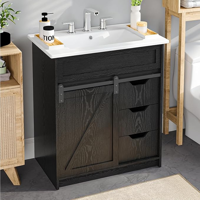 30" Bathroom Vanity with Sink, Bathroom Vanity Set with Sliding Barn Door & 3 Drawers, Freestanding Bathroom Vanities with Metal Handle, Farmhouse Bathroom Cabinet, Black