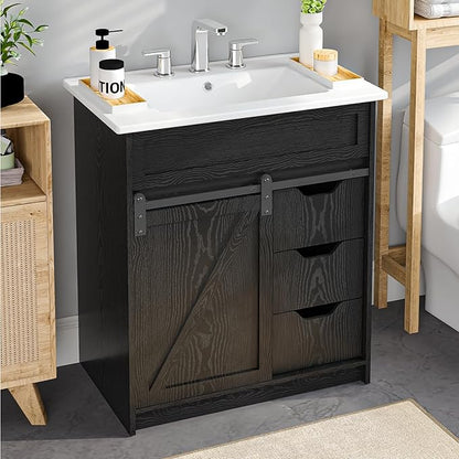 30" Bathroom Vanity with Sink, Bathroom Vanity Set with Sliding Barn Door & 3 Drawers, Freestanding Bathroom Vanities with Metal Handle, Farmhouse Bathroom Cabinet, Black