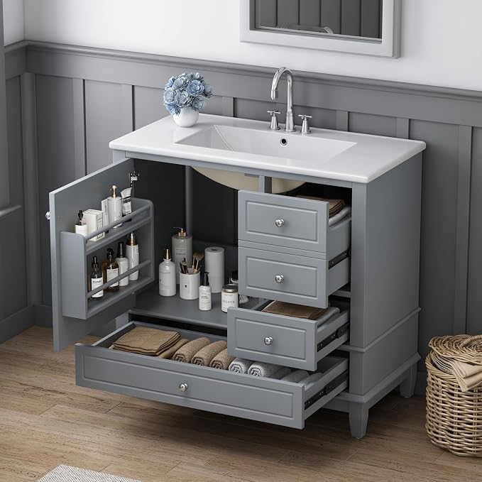 Bathroom Vanity with Ceramic Sink 36 Inch, Cabinet with One Door and Three Drawers, Soft-Closing Door, Solid Wood Legs, Gray