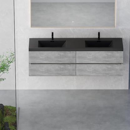 72" Floating Bathroom Vanity with Double Sink, Modern Wall-Mounted Bathroom Storage Vanity Cabinet with Two Black Quartz Sand Top Basins and Four Soft Close Drawers, Cement Grey