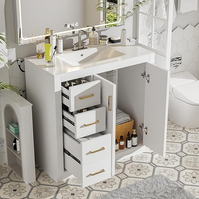 Merax Herringbone Single Sink Bathroom Vanity, Freestanding 36" Modern Bathroom Vanity Storage Cabinet with 3 Drawers and 2 Doors, Solid Wood Frame