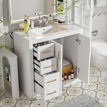 Merax Herringbone Single Sink Bathroom Vanity, Freestanding 36" Modern Bathroom Vanity Storage Cabinet with 3 Drawers and 2 Doors, Solid Wood Frame