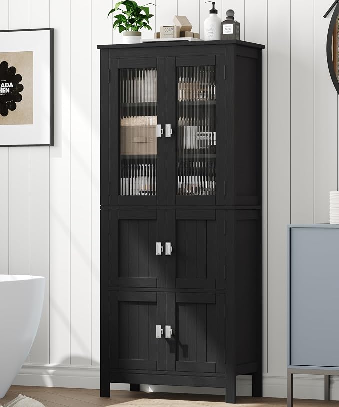 Akxomel 53.1" Tall Bathroom Cabinet 6 Doors Linen Floor Storage Cabinet | Bathroom Floor Cabinet with Adjustable Shelf, Pantry Cabinet for Living Room, Kitchen, Entryway, Black
