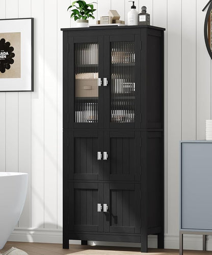 Akxomel 53.1" Tall Bathroom Cabinet 6 Doors Linen Floor Storage Cabinet | Bathroom Floor Cabinet with Adjustable Shelf, Pantry Cabinet for Living Room, Kitchen, Entryway, Black