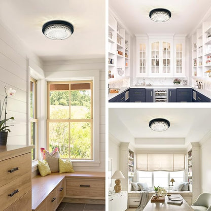Flush Mount Ceiling Light Fixture 11 Inch Black LED Dimmable Ceiling Lights K9 Crystal Round Light Fixtures Ceiling Mount for Bedroom Bathroom Kitchen