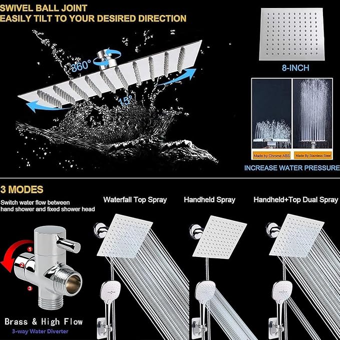 NearMoon Shower Head with Hose, High Pressure Stainless Steel Rain Shower and 3 Settings Handheld Spray Combo with Push Button Flow Control (8 Inch, Chrome Finish)