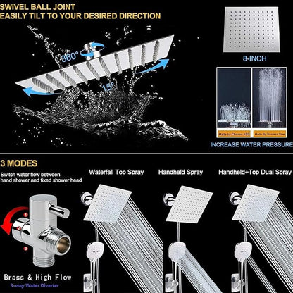NearMoon Shower Head with Hose, High Pressure Stainless Steel Rain Shower and 3 Settings Handheld Spray Combo with Push Button Flow Control (8 Inch, Chrome Finish)