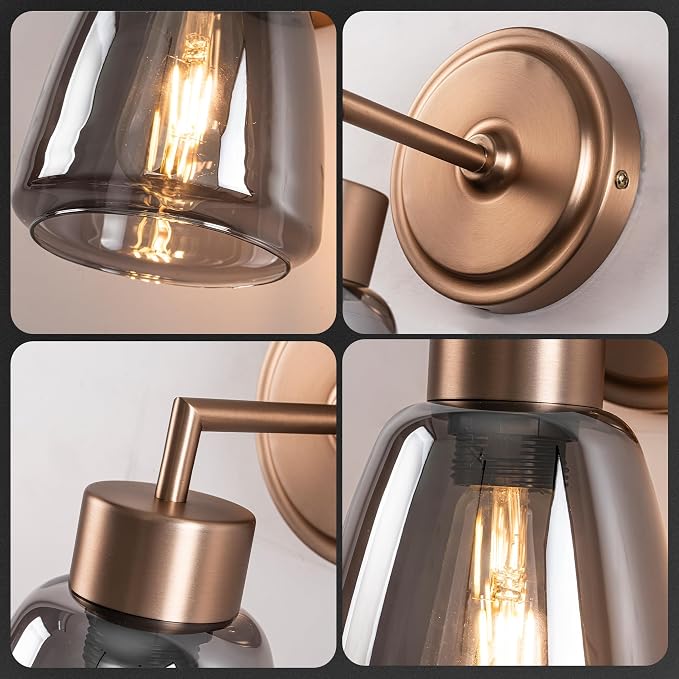 Smoked Gray Glass Wall Light Dia 6" Wall Lamp with Glass Shade Vintage Vanity Lighting Fixture with Metal Base Flush Mount Wall Sconce 1-Light for Bathroom, Bedroom, Bedside, Entryway