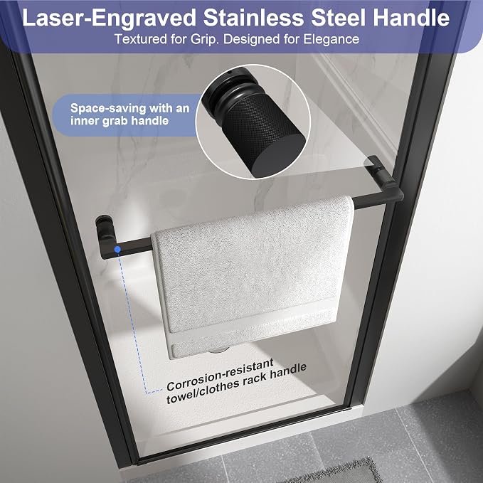 26"-28" W x 72" H Frameless Pivot Shower Door Matte Black | 1/4"(6mm) SGCC Tempered Glass with Explosion-Proof Film &Nano Coating,Customizable Width