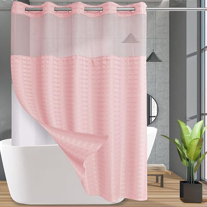 Conbo Mio Extra Long No Hook Shower Curtain with Snap in Liner Set, Hotel Luxury Pink Shower Curtains for Bathroom with See Through Top Window, Waterproof, Washable 71W x 84H
