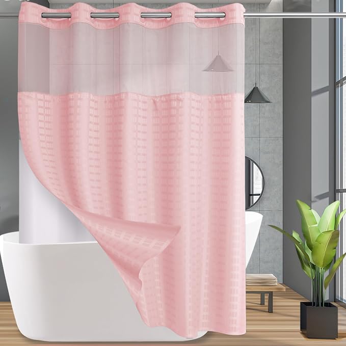 Conbo Mio No Hook Shower Curtain with Snap in Liner Set, Hotel Luxury Pink Shower Curtains for Bathroom with See Through Top Window, Waterproof, Washable 71W x 74H