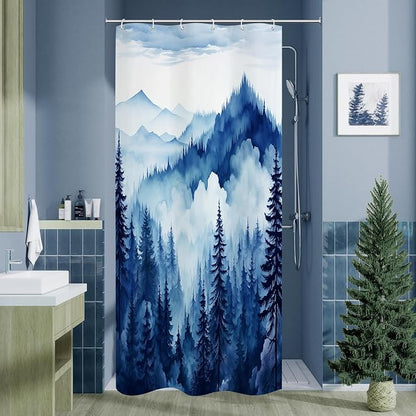 Litabel Navy Blue Small Stall Misty Pine Forest Shower Curtain 36 x 72, Mountain Foggy Woodland Scenery Tree Narrow Half Size Shower Curtains for Bathroom, Abstract Waterproof Nature-Themed Decor