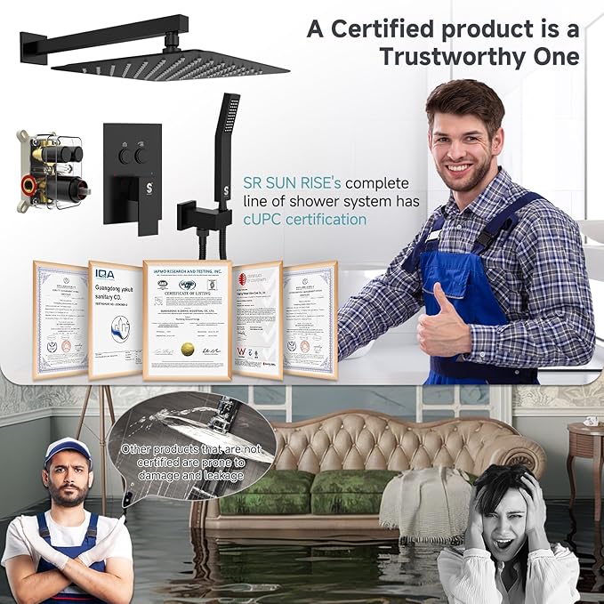 SR SUN RISE Shower System with Push Button Diverter, Wall Mounting Luxury 10 Inch Rain Shower Head with Handheld Spray, High Pressure Shower Faucet Combo Set with Rough-in Valve, Matte Black