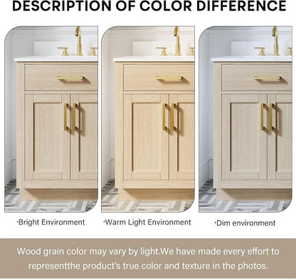60-Inch Bathroom Vanity with Double Sinks W/ 4 Doors & 4 Drawers & 2 Flip Drawers, Oak Vanity W/Brushed Gold Handles