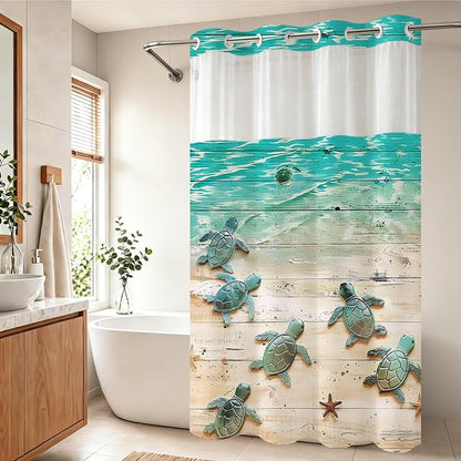 Nautical Green Beach Sea Turtle Theme No Hook Waffle Weave Shower Curtain with Snap in Liner Nautical Blue Bathroom Ocean Set 60 W x 74 H Inch Blue