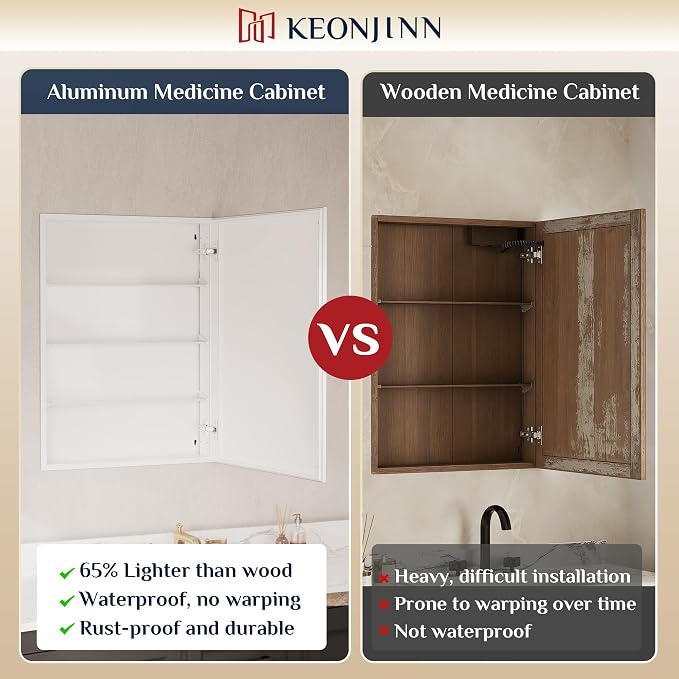 Keonjinn Large Medicine Cabinet Mirror 48 x 32, Black Beveled Frame, 3 Door | Assembly Required, Adjustable Shelves, Aluminum Cabinet, Tempered Glass, Surface Mount or Recessed, Ideal for Large Bathroom
