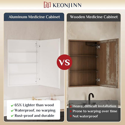 Keonjinn Large Medicine Cabinet Mirror 48 x 32, Black Beveled Frame, 3 Door | Assembly Required, Adjustable Shelves, Aluminum Cabinet, Tempered Glass, Surface Mount or Recessed, Ideal for Large Bathroom