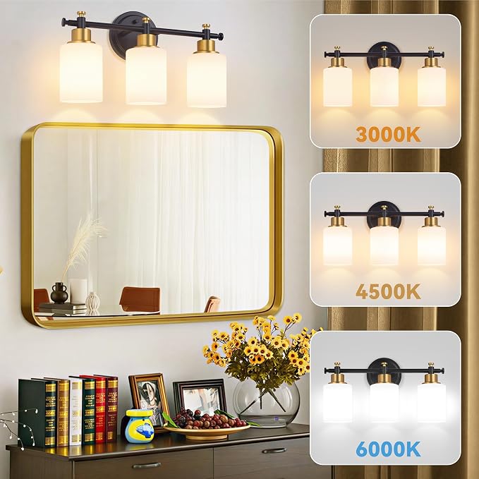 3 Light Bathroom Vanity Light, Black and Gold Vanity Lights for Bathroom | Vanity Light Fixture Over Mirror, Modern Wall Sconce with Milky White Glass Shade, 17.5 In, E26(Bulbs Not Included)