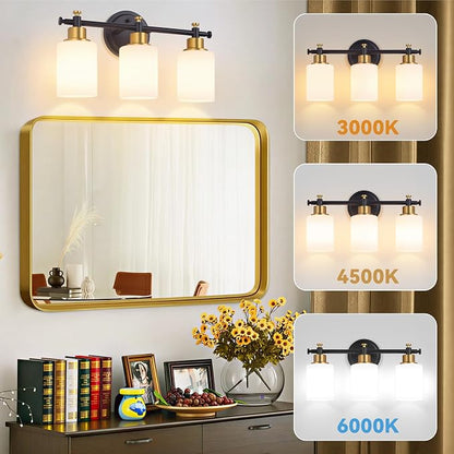3 Light Bathroom Vanity Light, Black and Gold Vanity Lights for Bathroom | Vanity Light Fixture Over Mirror, Modern Wall Sconce with Milky White Glass Shade, 17.5 In, E26(Bulbs Not Included)