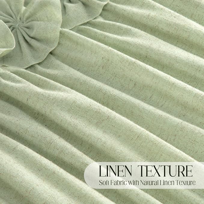 Ruffle Farmhouse Linen Shower Curtain with Vintage Bow Green 72" W x 72" H | Linen Blend Fabric, Ruffle Bow and Ruffled Hem，Linen Texture，Machine Washable，12 Metal Holes and Plastic Hooks