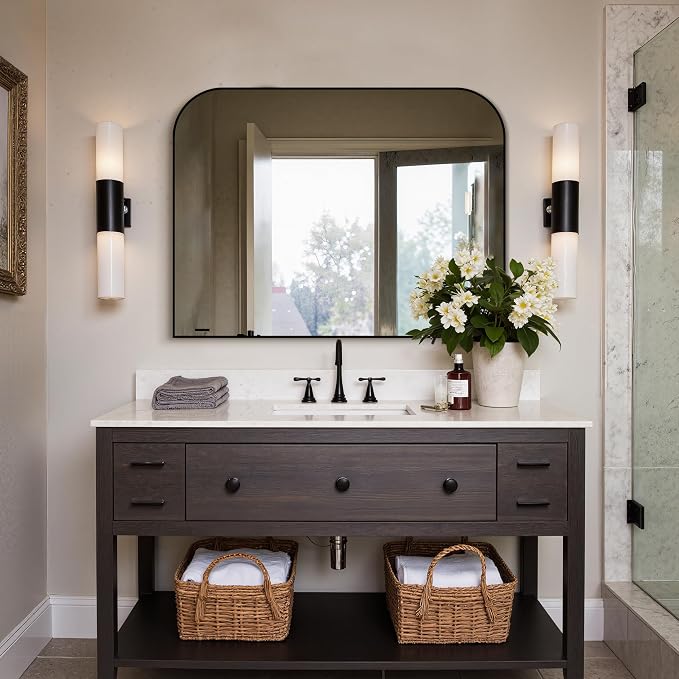 30"x40" Black Metal Framed Bathroom Mirror for Over Sink | Rounded rectangle shape. Shatterproof HD glass, all mounting hardware for bathroom, bedroom, entryway.