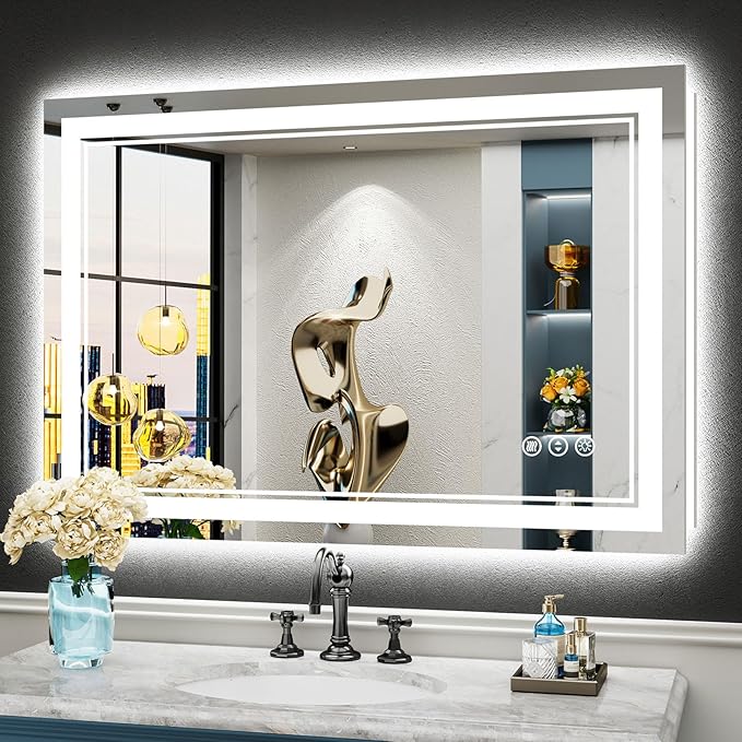 40x28 LED Bathroom Mirror with Lights, Backlit and Front Lit Anti-Fog Lighted Vanity Mirrors for Bathroom Wall, Dimmable, 3-Color Light, Memory, Shatter-Proof, HD Tempered Glass, CRI＞90