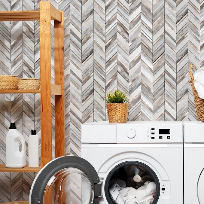 Yipscazo 10-Sheet Wood Grain Herringbone Peel and Stick Backsplash for Kitchen Walls,Heat Resistant PVC Mixed Metal Stick on Backsplash Tiles,Waterproof Peel and Stick Tile for Bathroom&Shower